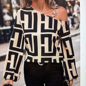 Black and tan cold shoulder  blouse